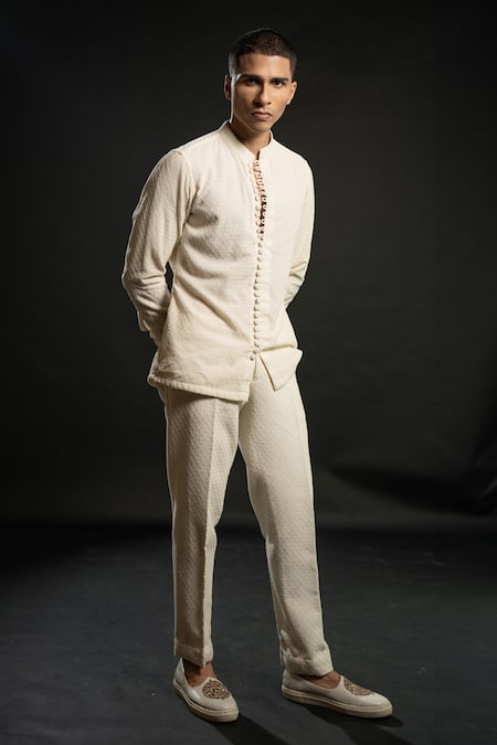 Jigar & Nikita_Ivory Georgette Embroidery Geometric Shirt Kurta And Pant Set _at_Aza_Fashions