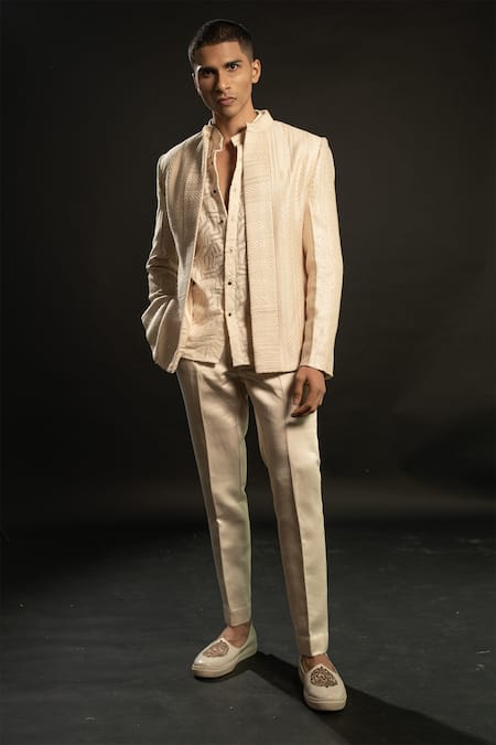 Shop_Jigar & Nikita_Ivory Silk, Organza, Georgette, Linen, Satin Sequins, Stripe Bandhgala Set _at_Aza_Fashions