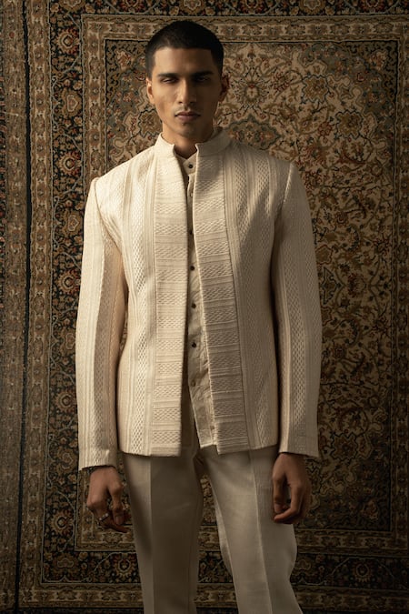 Jigar & Nikita_Ivory Silk, Organza, Georgette, Linen, Satin Sequins, Stripe Bandhgala Set _Online_at_Aza_Fashions