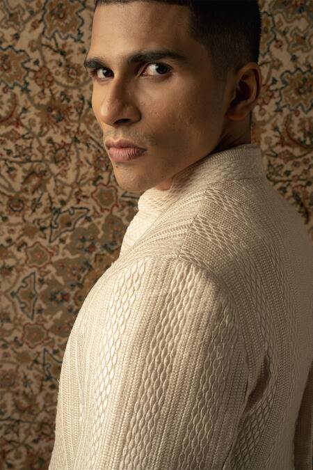 Buy_Jigar & Nikita_Ivory Silk, Organza, Georgette, Linen, Satin Sequins, Stripe Bandhgala Set _Online_at_Aza_Fashions