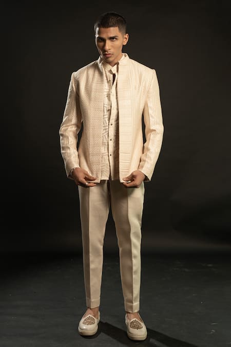 Shop_Jigar & Nikita_Ivory Silk, Organza, Georgette, Linen, Satin Sequins, Stripe Bandhgala Set _Online_at_Aza_Fashions