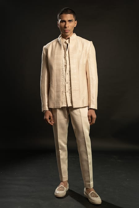 Jigar & Nikita_Ivory Silk, Organza, Georgette, Linen, Satin Sequins, Stripe Bandhgala Set _at_Aza_Fashions