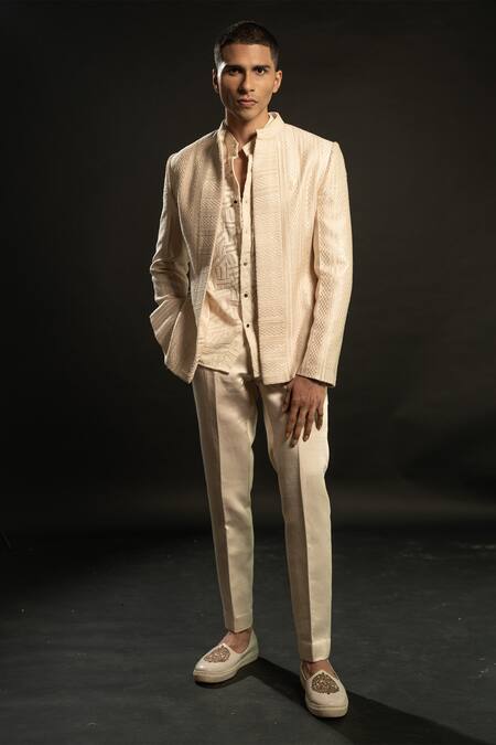 Buy_Jigar & Nikita_Ivory Silk, Organza, Georgette, Linen, Satin Sequins, Stripe Bandhgala Set 