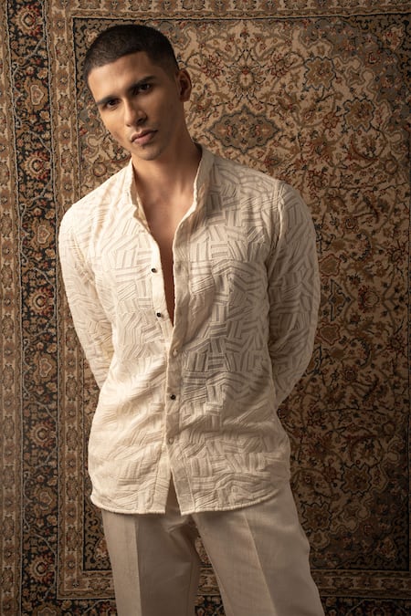 Jigar & Nikita_Ivory Georgette, Linen, Satin Embroidery Geometric Shirt And Pant Set _Online_at_Aza_Fashions