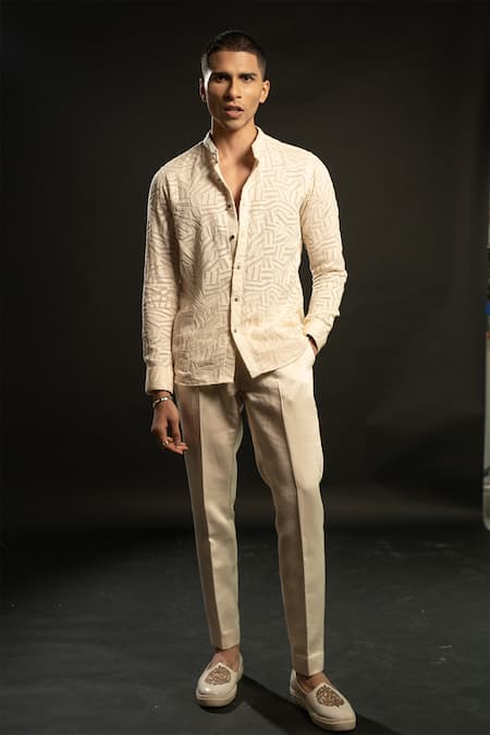Buy_Jigar & Nikita_Ivory Georgette, Linen, Satin Embroidery Geometric Shirt And Pant Set _Online_at_Aza_Fashions