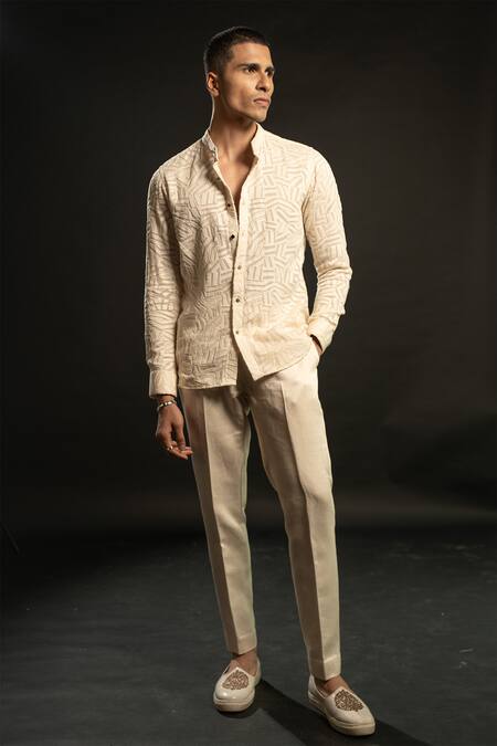 Shop_Jigar & Nikita_Ivory Georgette, Linen, Satin Embroidery Geometric Shirt And Pant Set _Online_at_Aza_Fashions