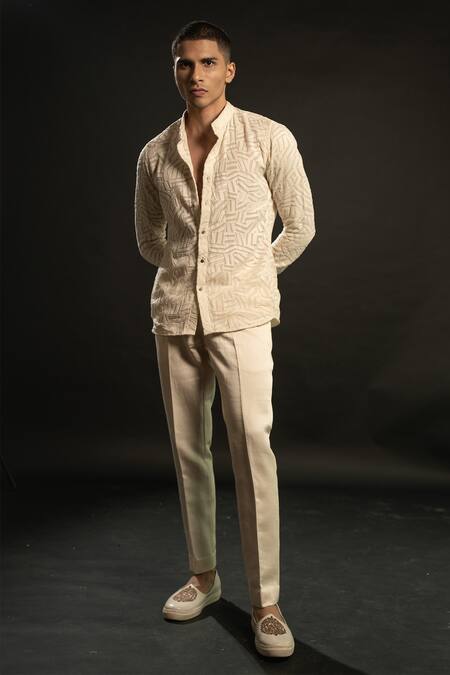 Jigar & Nikita_Ivory Georgette, Linen, Satin Embroidery Geometric Shirt And Pant Set _at_Aza_Fashions