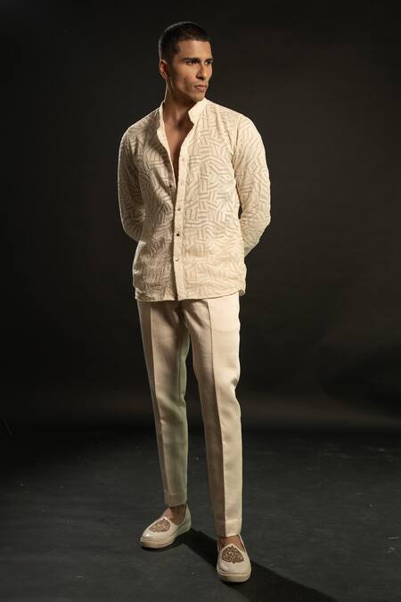 Buy_Jigar & Nikita_Ivory Georgette, Linen, Satin Embroidery Geometric Shirt And Pant Set 