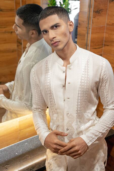 Jigar & Nikita_Ivory Silk, Satin, Linen Embroidery Shirt And Pant Set _Online_at_Aza_Fashions