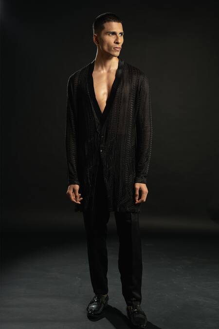 Jigar & Nikita_Black Silk, Georgette, Satin, Linen Embroidery Geometric Kurta Set _Online_at_Aza_Fashions