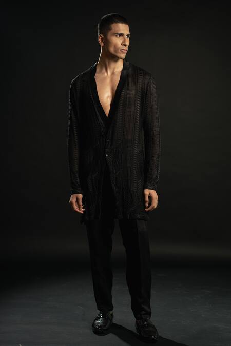 Buy_Jigar & Nikita_Black Silk, Georgette, Satin, Linen Embroidery Geometric Kurta Set _Online_at_Aza_Fashions