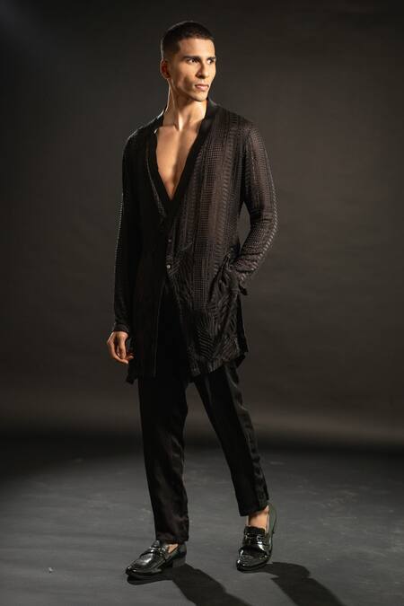 Shop_Jigar & Nikita_Black Silk, Georgette, Satin, Linen Embroidery Geometric Kurta Set _Online_at_Aza_Fashions