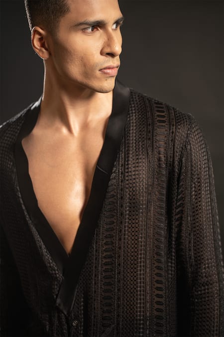 Jigar & Nikita_Black Silk, Georgette, Satin, Linen Embroidery Geometric Kurta Set _at_Aza_Fashions