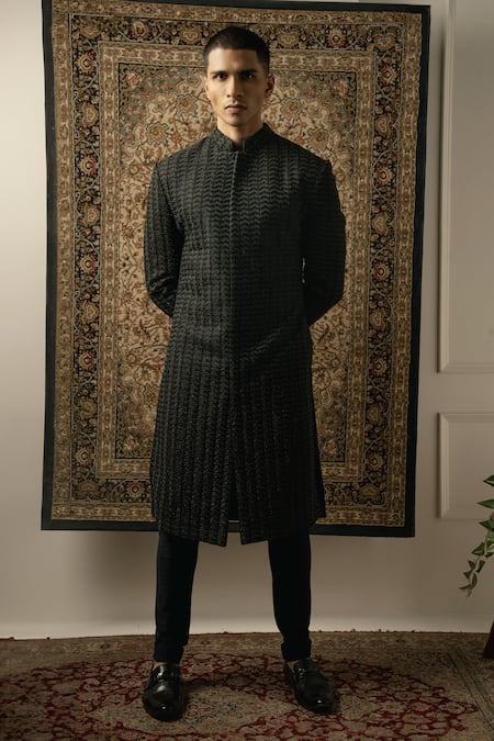 Shop_Jigar & Nikita_Black Silk, Spandex Cut Work, Embroidery Chevron Sherwani Set _at_Aza_Fashions