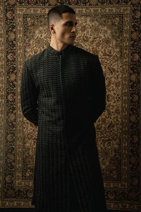 Jigar & Nikita_Black Silk, Spandex Cut Work, Embroidery Chevron Sherwani Set _Online_at_Aza_Fashions