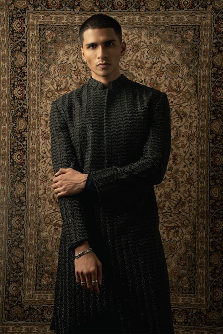 Buy_Jigar & Nikita_Black Silk, Spandex Cut Work, Embroidery Chevron Sherwani Set _Online_at_Aza_Fashions