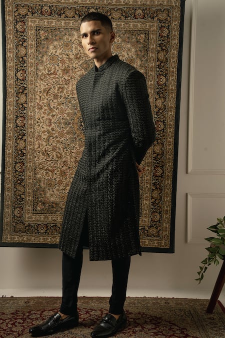 Shop_Jigar & Nikita_Black Silk, Spandex Cut Work, Embroidery Chevron Sherwani Set _Online_at_Aza_Fashions