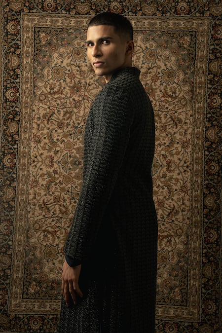 Jigar & Nikita_Black Silk, Spandex Cut Work, Embroidery Chevron Sherwani Set _at_Aza_Fashions