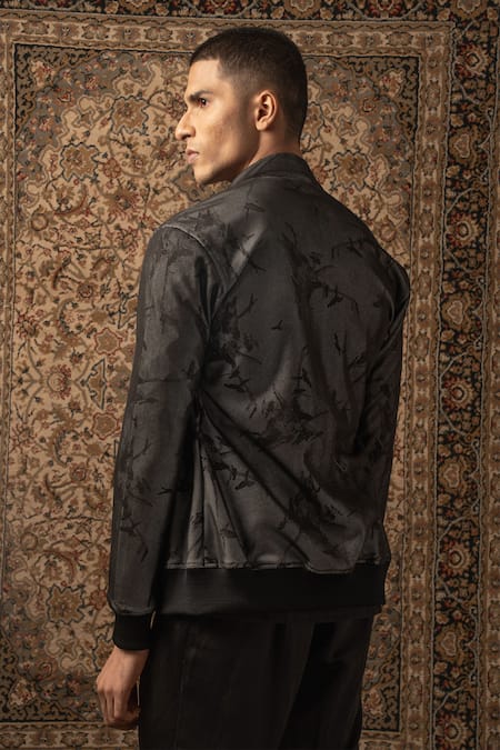 Shop_Jigar & Nikita_Black Lycra Crystals, Cut Work Printed Jacket Pant Set _at_Aza_Fashions