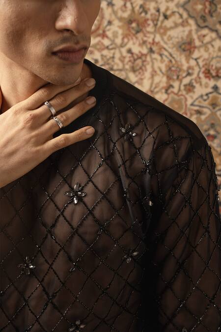 Jigar & Nikita_Black Lycra Crystals, Cut Work Printed Jacket Pant Set _Online_at_Aza_Fashions