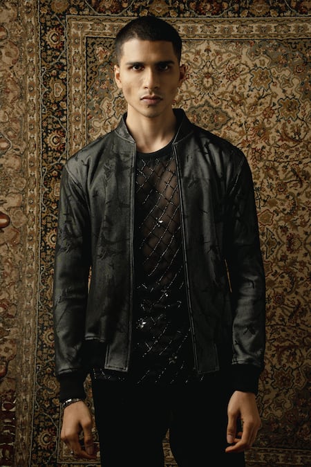 Buy_Jigar & Nikita_Black Lycra Crystals, Cut Work Printed Jacket Pant Set _Online_at_Aza_Fashions