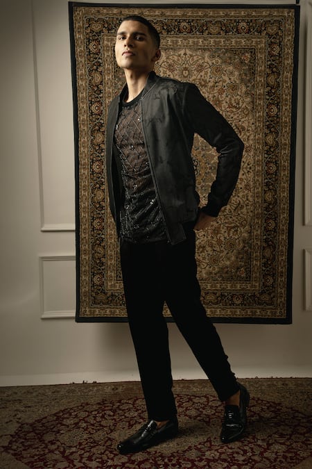 Shop_Jigar & Nikita_Black Lycra Crystals, Cut Work Printed Jacket Pant Set _Online_at_Aza_Fashions