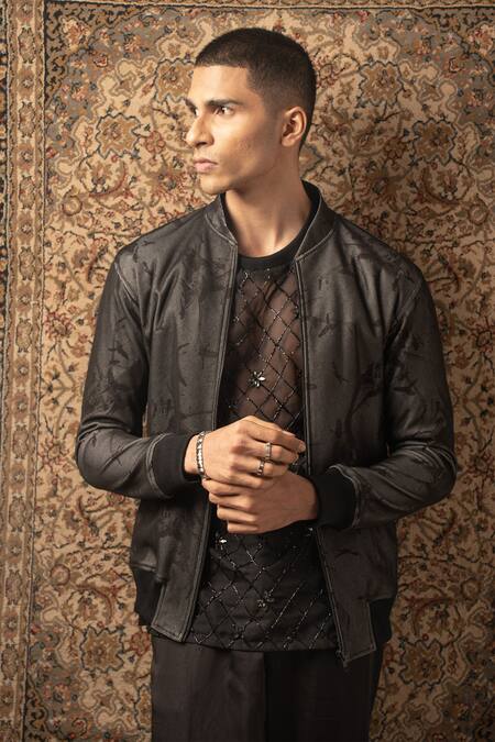 Jigar & Nikita_Black Lycra Crystals, Cut Work Printed Jacket Pant Set _at_Aza_Fashions