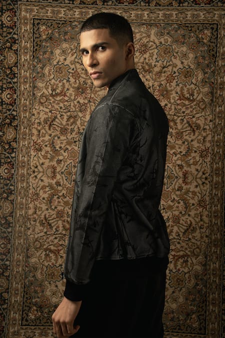 Buy_Jigar & Nikita_Black Lycra Crystals, Cut Work Printed Jacket Pant Set 