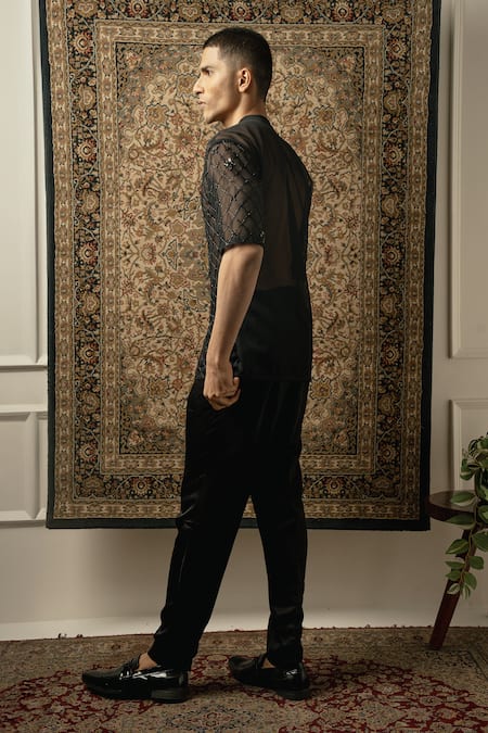 Shop_Jigar & Nikita_Black Silk, Georgette Embroidery Cutdana T Shirt And Pant Set _at_Aza_Fashions