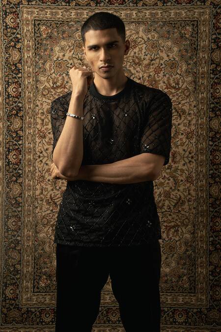 Jigar & Nikita_Black Silk, Georgette Embroidery Cutdana T Shirt And Pant Set _Online_at_Aza_Fashions