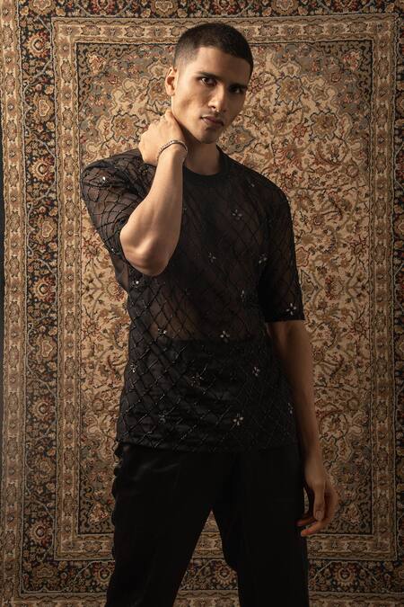 Buy_Jigar & Nikita_Black Silk, Georgette Embroidery Cutdana T Shirt And Pant Set _Online_at_Aza_Fashions