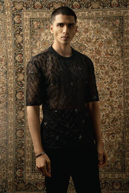 Shop_Jigar & Nikita_Black Silk, Georgette Embroidery Cutdana T Shirt And Pant Set _Online_at_Aza_Fashions