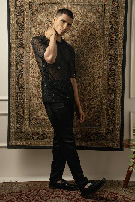Jigar & Nikita_Black Silk, Georgette Embroidery Cutdana T Shirt And Pant Set _at_Aza_Fashions