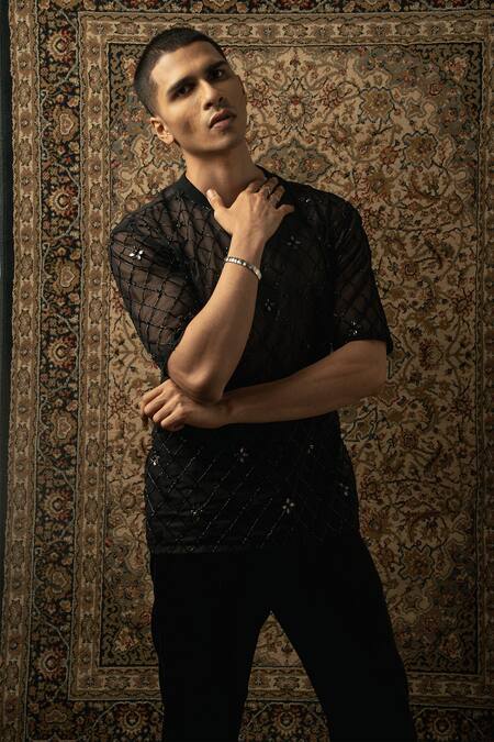 Buy_Jigar & Nikita_Black Silk, Georgette Embroidery Cutdana T Shirt And Pant Set 