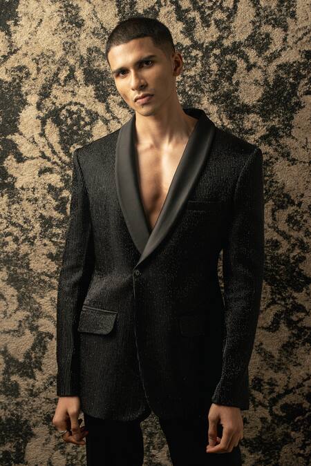 Jigar & Nikita_Black Silk, Wool Cut Work Cutdana Embroidered Jacket And Pant Set _Online_at_Aza_Fashions