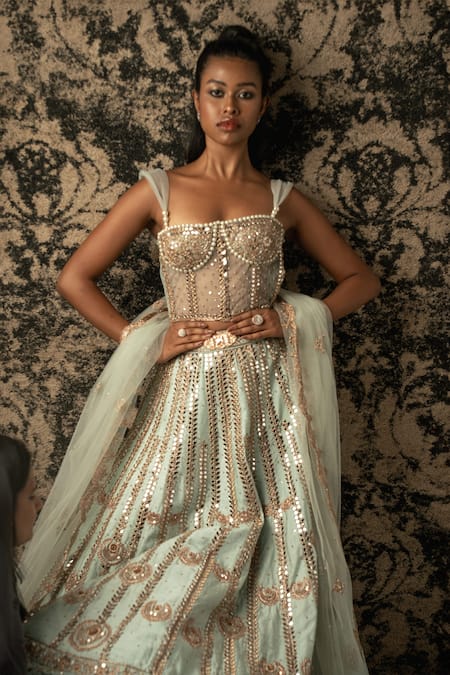Jigar & Nikita_Green Net, Silk Cut Work, Beads Sweetheart Mirror Embroidered Bridal Lehenga Set _Online_at_Aza_Fashions