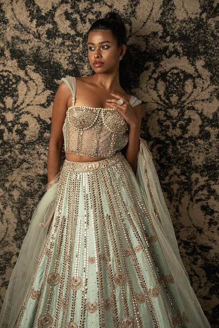Shop_Jigar & Nikita_Green Net, Silk Cut Work, Beads Sweetheart Mirror Embroidered Bridal Lehenga Set _Online_at_Aza_Fashions