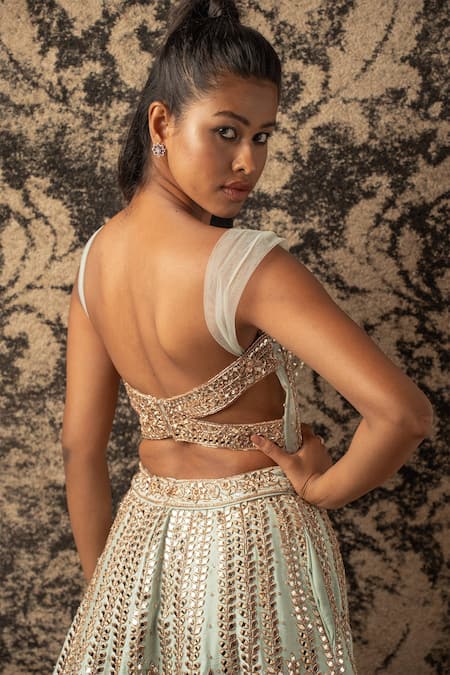 Jigar & Nikita_Green Net, Silk Cut Work, Beads Sweetheart Mirror Embroidered Bridal Lehenga Set _at_Aza_Fashions