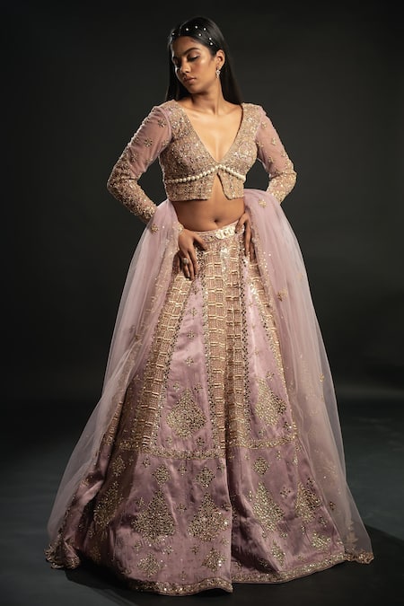 Shop_Jigar & Nikita_Purple Linen, Net Beads, Cut Work, Embroidery Mirror Bridal Lehenga Blouse Set _at_Aza_Fashions