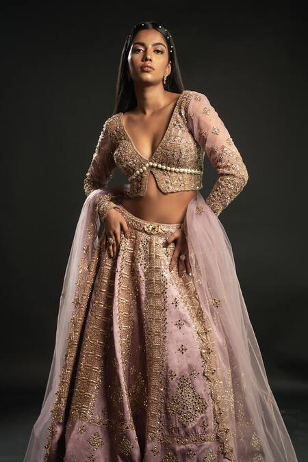 Jigar & Nikita_Purple Linen, Net Beads, Cut Work, Embroidery Mirror Bridal Lehenga Blouse Set _Online_at_Aza_Fashions