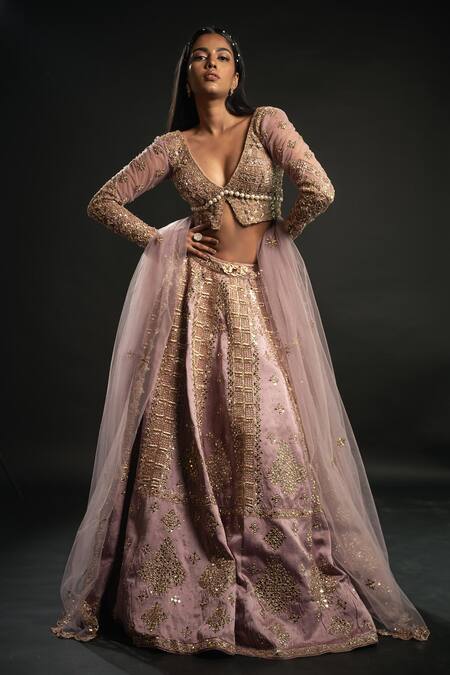 Buy_Jigar & Nikita_Purple Linen, Net Beads, Cut Work, Embroidery Mirror Bridal Lehenga Blouse Set _Online_at_Aza_Fashions