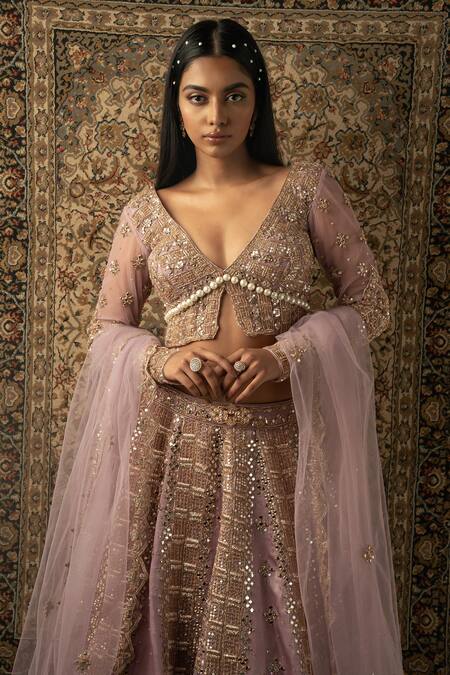 Jigar & Nikita_Purple Linen, Net Beads, Cut Work, Embroidery Mirror Bridal Lehenga Blouse Set _at_Aza_Fashions
