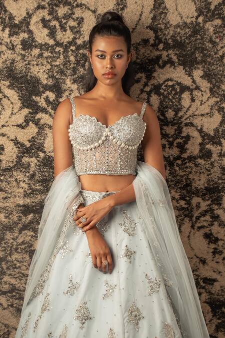 Jigar & Nikita_Blue Organza, Net Sequins, Mirrors, Scattered Embroidered Bridal Lehenga Set _Online_at_Aza_Fashions