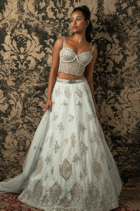 Buy_Jigar & Nikita_Blue Organza, Net Sequins, Mirrors, Scattered Embroidered Bridal Lehenga Set _Online_at_Aza_Fashions
