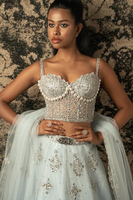 Shop_Jigar & Nikita_Blue Organza, Net Sequins, Mirrors, Scattered Embroidered Bridal Lehenga Set _Online_at_Aza_Fashions
