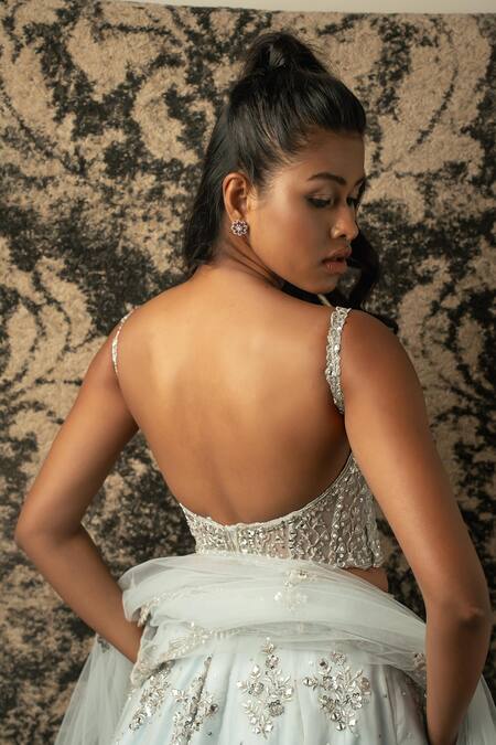 Jigar & Nikita_Blue Organza, Net Sequins, Mirrors, Scattered Embroidered Bridal Lehenga Set _at_Aza_Fashions