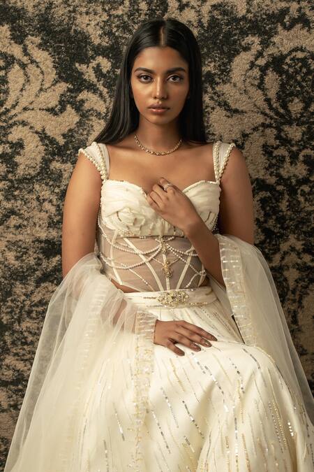 Buy_Jigar & Nikita_Ivory , Net, Silk Sequins, Cut Stripe Embroidered Lehenga Set _Online_at_Aza_Fashions