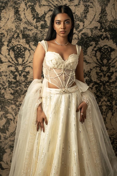 Buy_Jigar & Nikita_Ivory , Net, Silk Sequins, Cut Stripe Embroidered Lehenga Set 