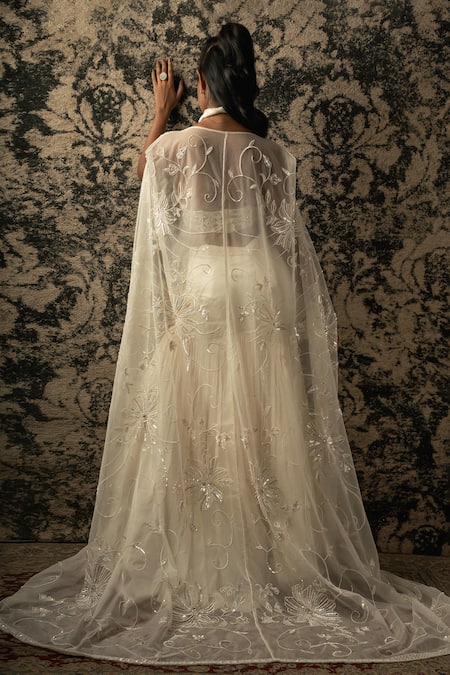 Shop_Jigar & Nikita_Ivory Silk, Net Sequins, Cut Work Halter Neck Floral Embroidered Cape Set _at_Aza_Fashions