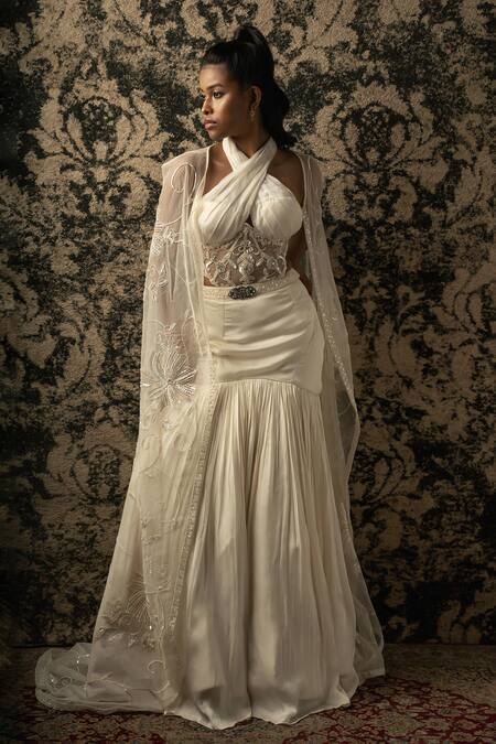 Jigar & Nikita_Ivory Silk, Net Sequins, Cut Work Halter Neck Floral Embroidered Cape Set _Online_at_Aza_Fashions